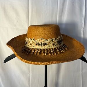 Vintage Kokin classic straw floral beaded trim hat quality summer-western